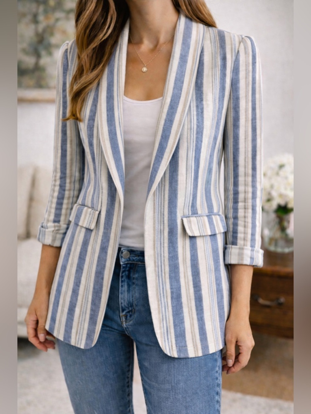 555 Stoosh Blue Cream Striped Blazer Small Tailored Workwear Lightweight Jacket